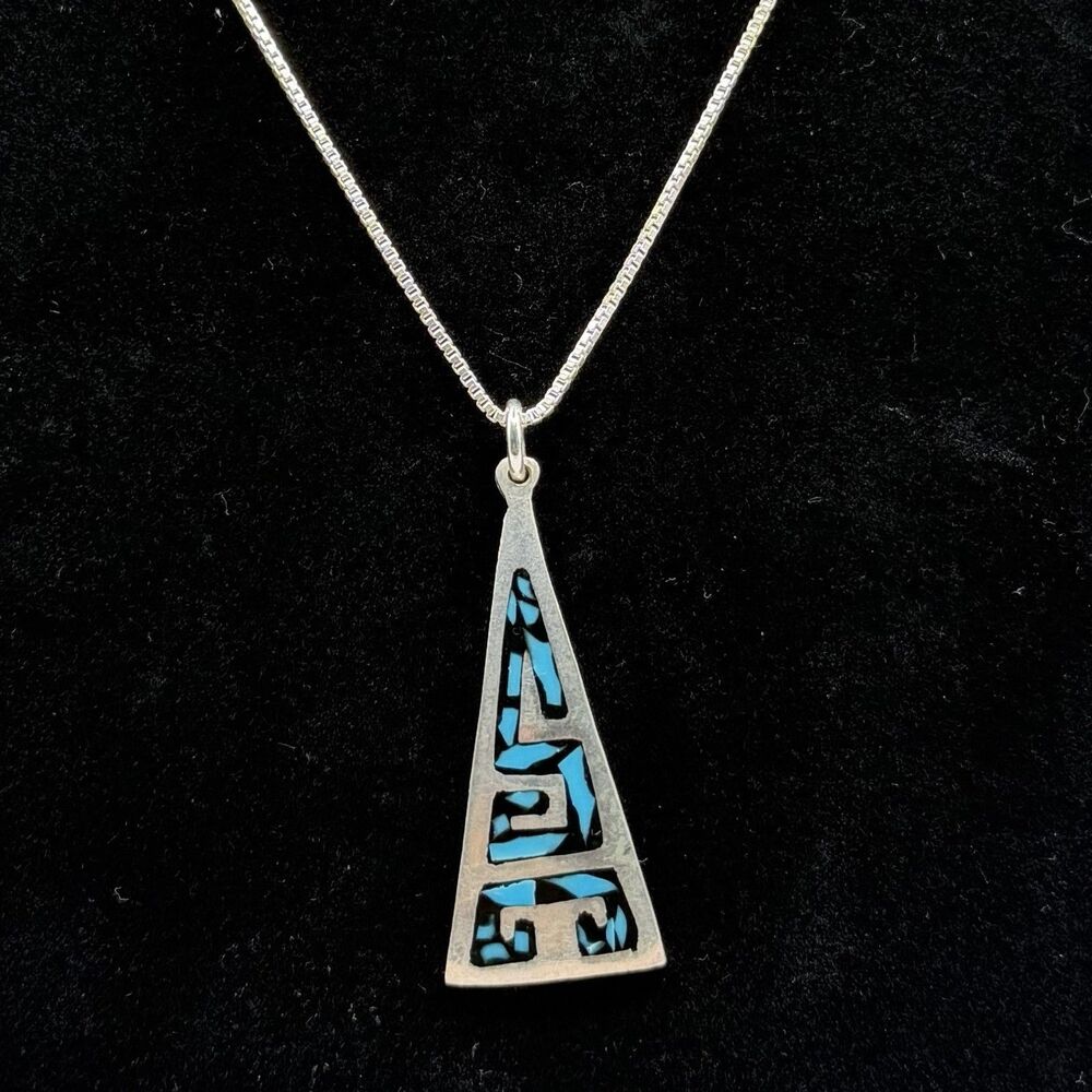 925 Sterling Silver 18” Box Chain w/ Crushed Turquoise Geometric Inlay Pendant
